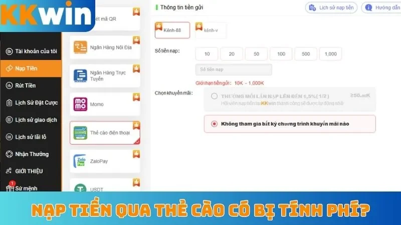 Nạp tiền qua thẻ cào có bị tính phí?